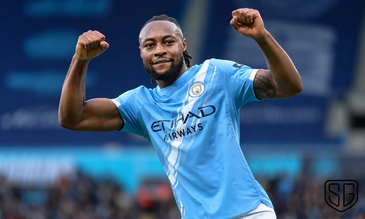 AI-generated conceptual knee brace beside a plain blue football shirt; not Semenyo's equipment or a photograph of his injury