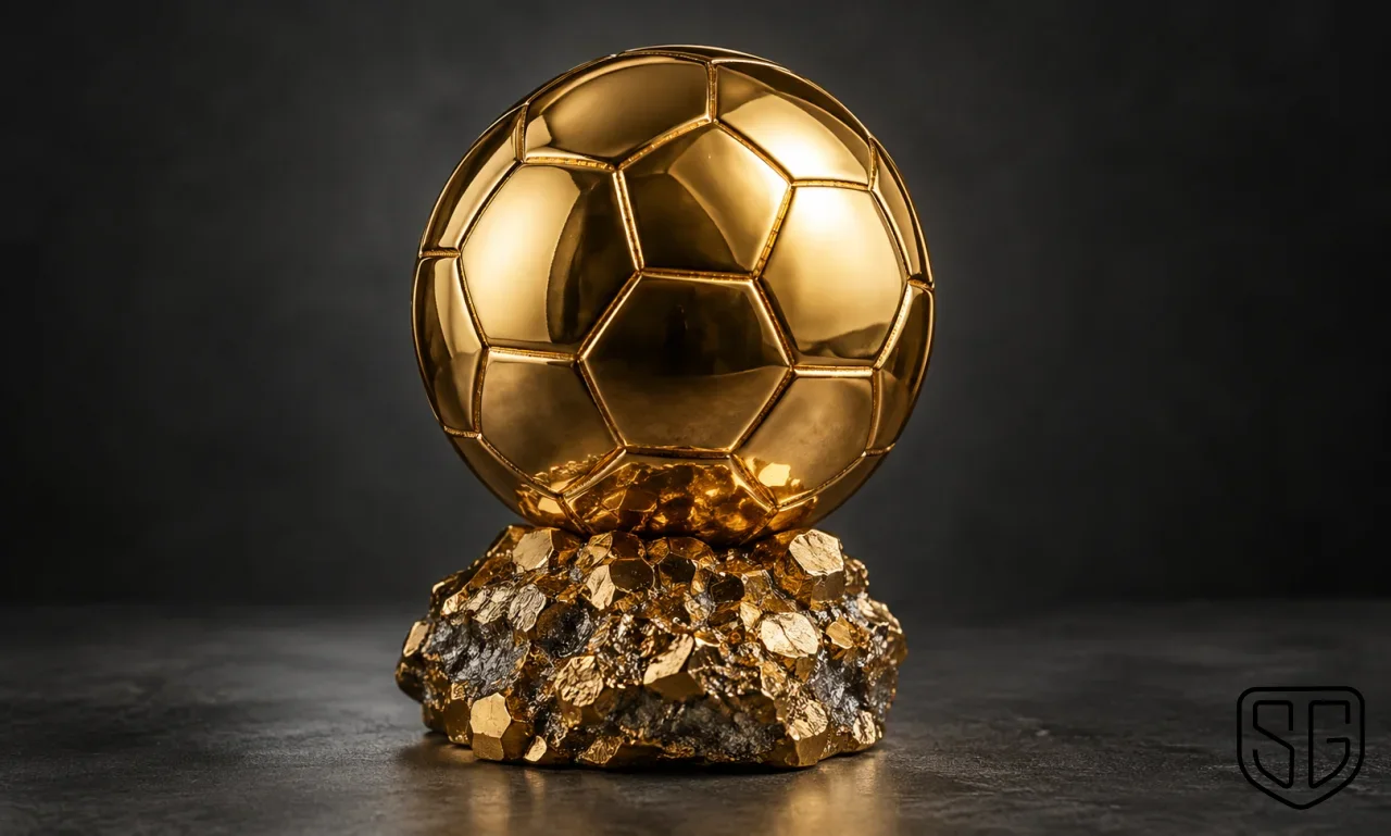 AI-generated photorealistic depiction of a golden football trophy for the Ballon d'Or 2026 nominees guide, with the SportsGround logo