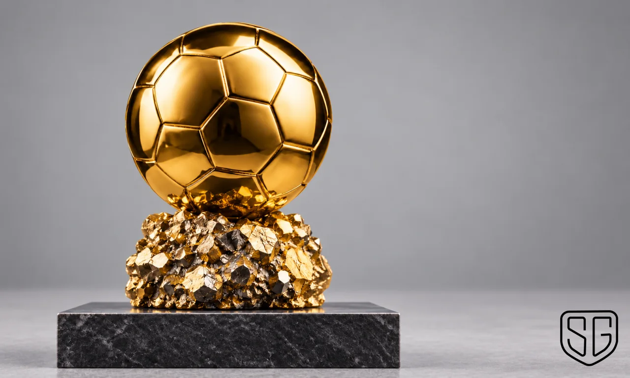 AI-generated conceptual golden football trophy for Ballon d'Or contender analysis; not a photograph of the official trophy or ceremony