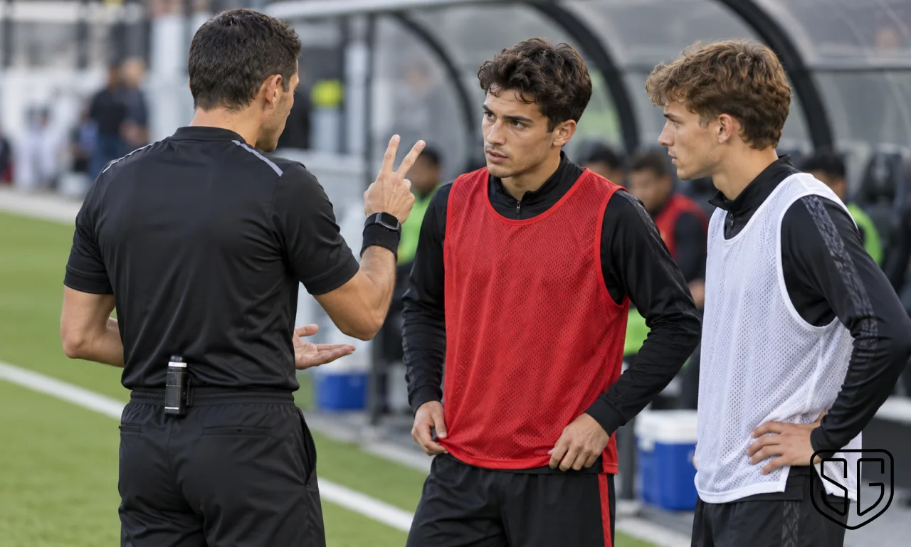 AI-generated conceptual scene of a referee checking two substitutes beside a straight touchline; not a real match photograph
