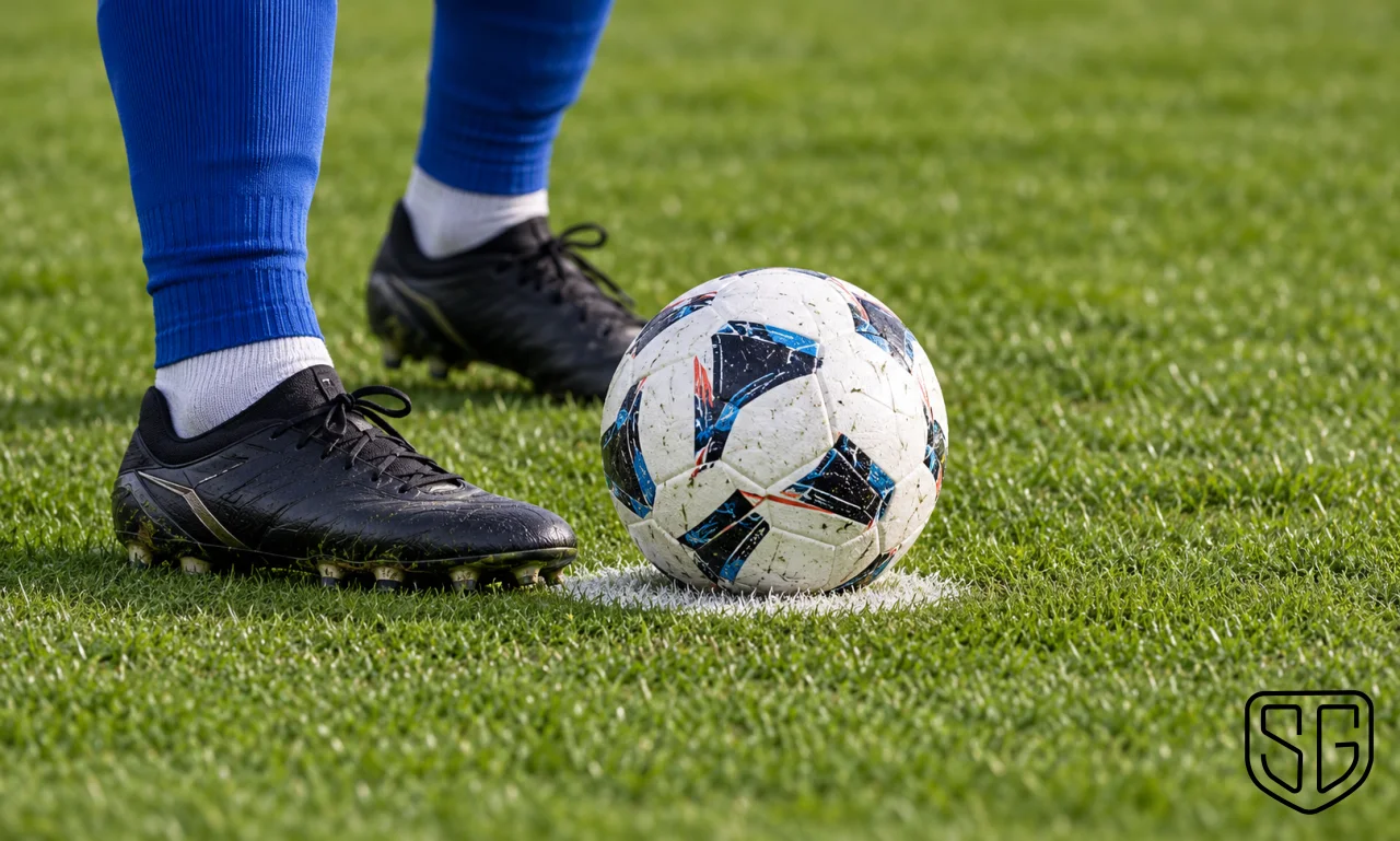 AI-generated conceptual close-up of football boots and a ball on a penalty spot; not a real match photograph