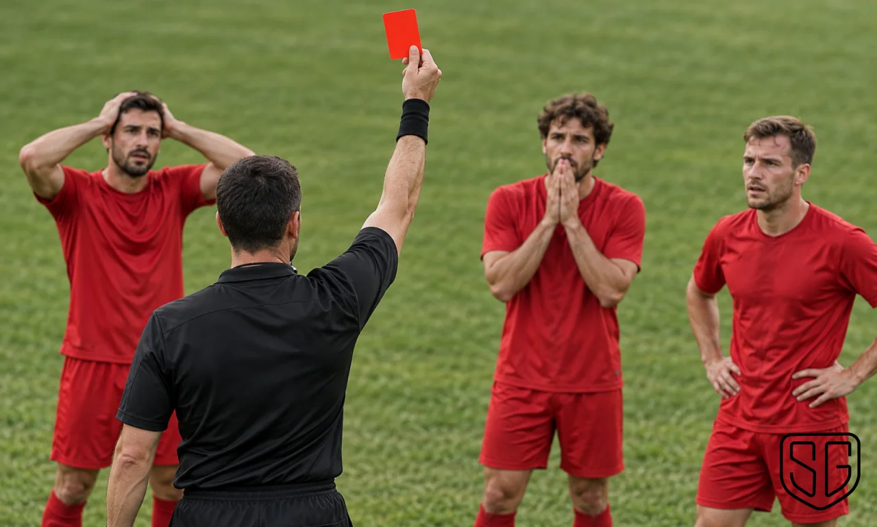 AI-generated conceptual scene of an anonymous referee showing a red card while players wait on the grass; not a real match photograph