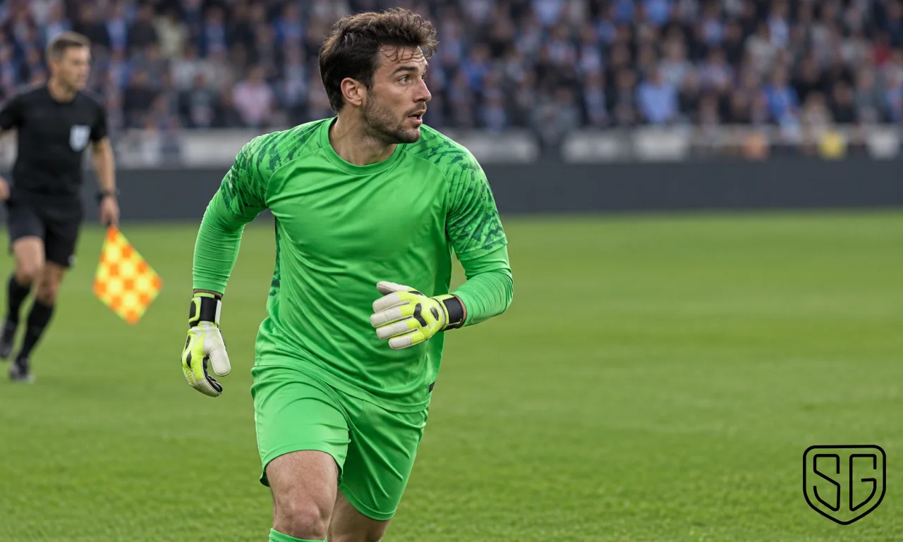 AI-generated conceptual image of an anonymous goalkeeper advancing in attack with an assistant referee nearby; not a real match photograph