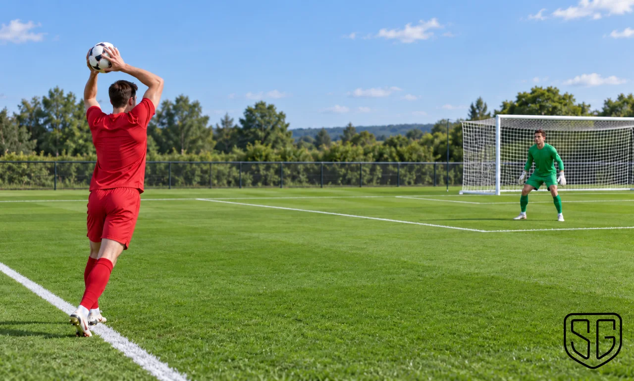 AI-generated conceptual scene of a team-mate throwing towards a goalkeeper ready to use their feet; not a real match photograph