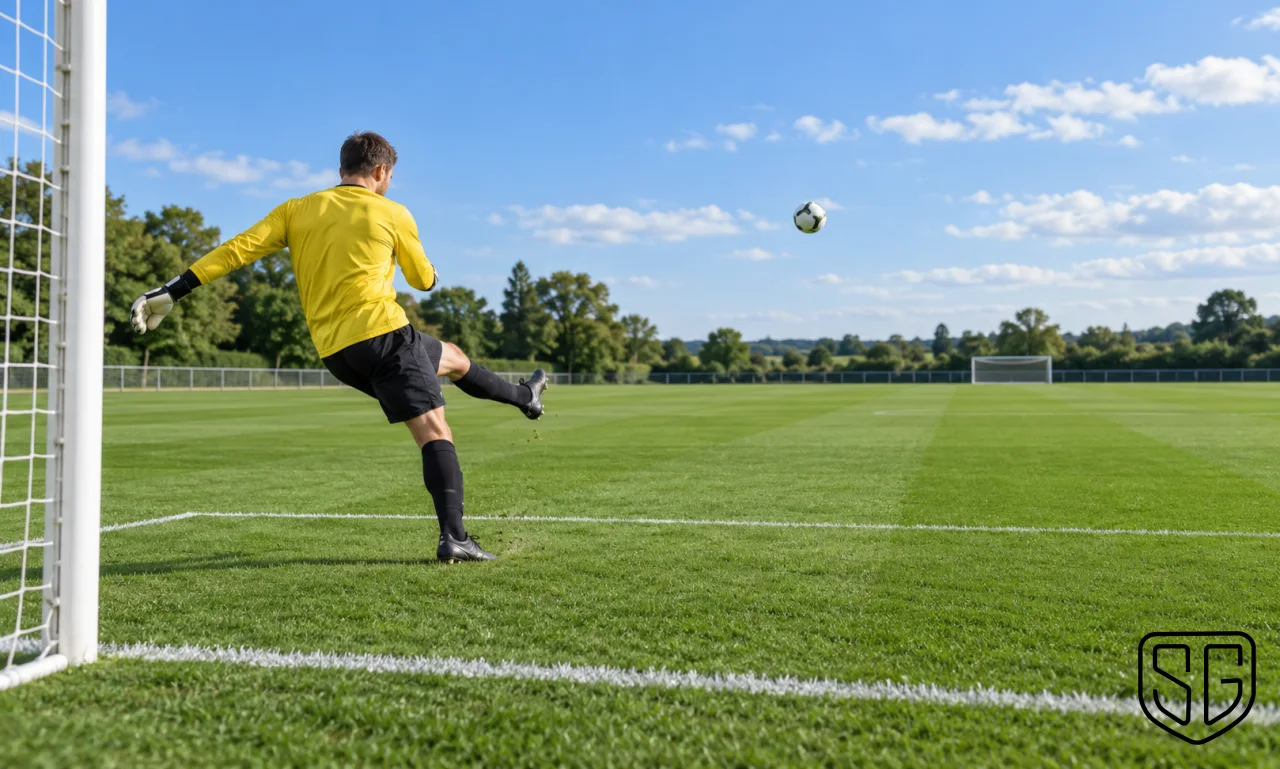 AI-generated conceptual scene of an anonymous goalkeeper striking a goal kick upfield; not a photograph of a real goal
