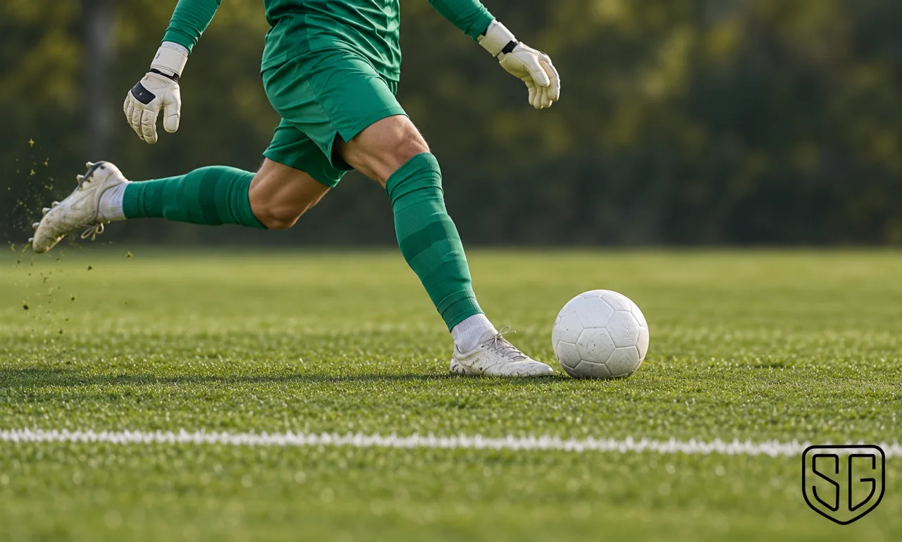 AI-generated conceptual image of an anonymous goalkeeper preparing a goal kick beside a straight goal-area line; not a real match photograph