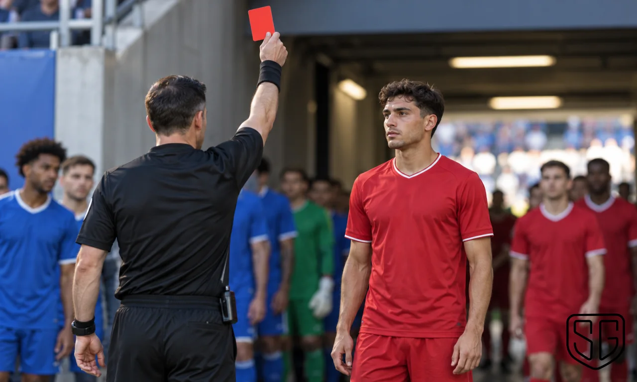 AI-generated conceptual scene of an anonymous referee raising a red card beside a stadium tunnel before kick-off; not a real incident photograph
