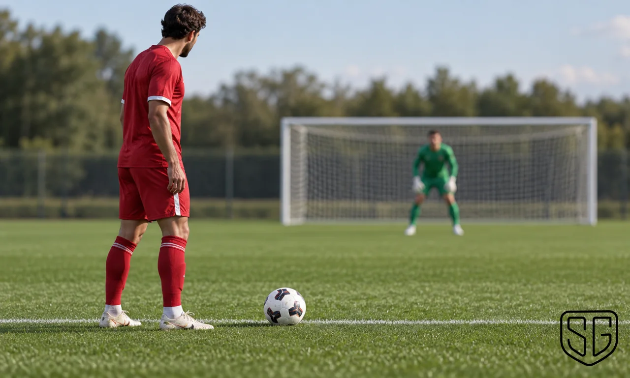 AI-generated conceptual scene of an anonymous defender preparing a free kick with their goalkeeper behind; not a real match photograph