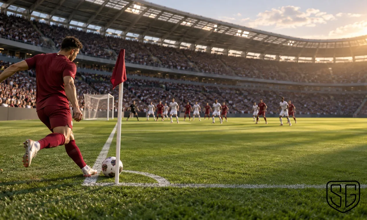 AI-generated conceptual football scene of an anonymous player taking a corner kick, with the owned SG logo; not a real match photograph