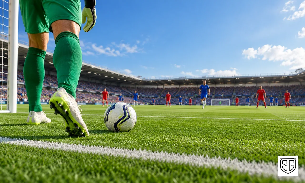 Illustration of a goalkeeper taking a goal kick towards players upfield, with the SportsGround logo in the corner
