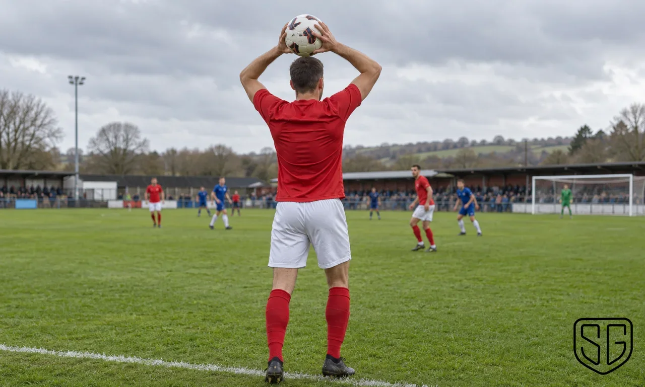 AI-generated illustration of an anonymous footballer preparing a two-handed throw-in at the touchline