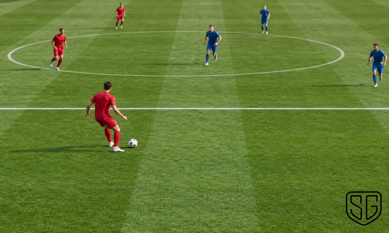 AI-generated conceptual football scene showing a player receiving a pass near the halfway line; not a real match photograph