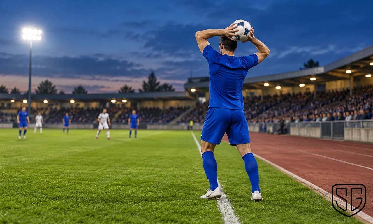 AI-generated conceptual scene of an anonymous footballer preparing a throw-in at a straight touchline; not a real match photograph