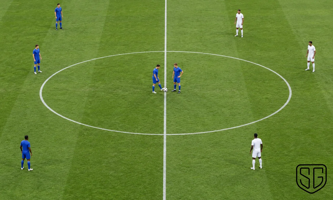 AI-generated conceptual scene of an anonymous footballer preparing a kick-off at the centre circle; not a real match photograph