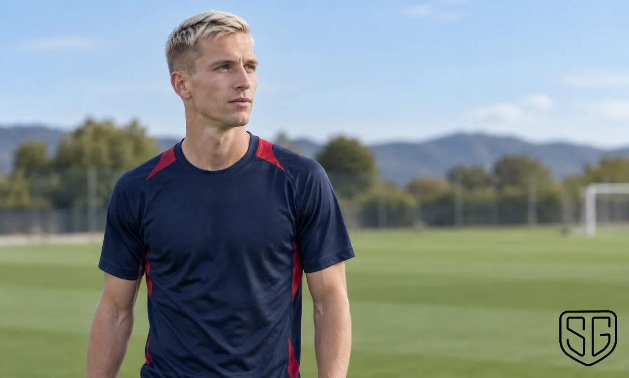 AI-generated conceptual portrait of Dani Olmo in training clothing; not a photograph of the injury or a real training session