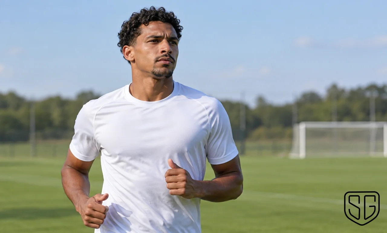 AI-generated illustration of a football defender jogging on a training pitch, representing Éder Militão's return to the Real Madrid squad