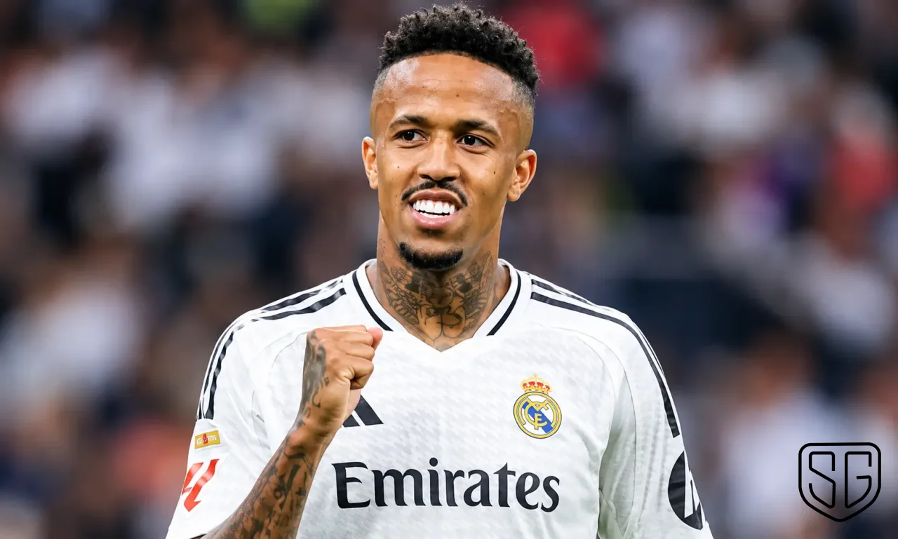 AI-generated illustration of a football defender jogging on a training pitch, representing Éder Militão's return to the Real Madrid squad