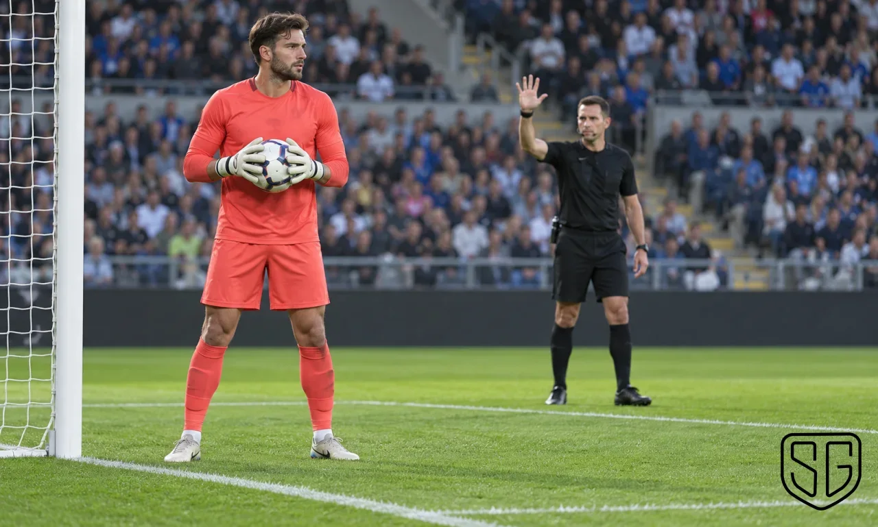 AI-generated photorealistic depiction of a goalkeeper holding a ball as a referee signals the final five seconds, with the SportsGround logo
