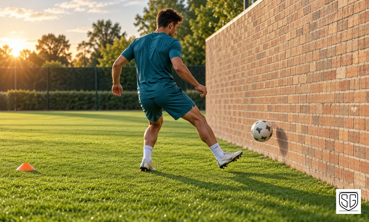 Illustration of a footballer controlling a rebounding ball beside a practice wall and cone, with the SportsGround logo in the corner