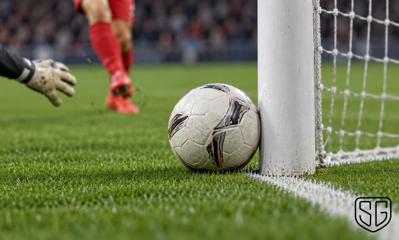AI-generated conceptual close-up of a football beside the base of a goalpost and net; not a real match photograph