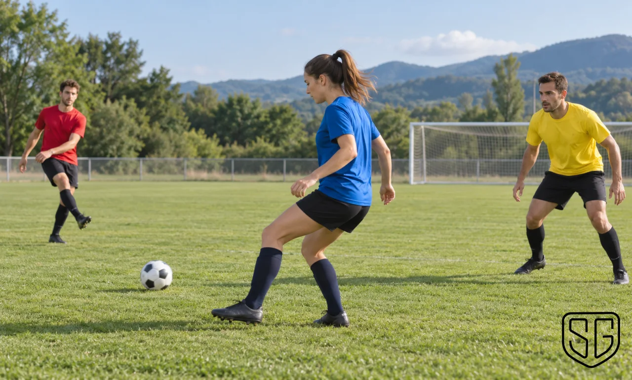 AI-generated conceptual training depiction for How to Practise Receiving a Football Under Pressure; not a documentary photograph