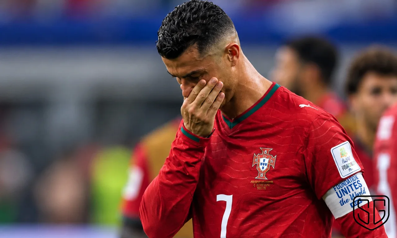 AI-generated conceptual portrait of Cristiano Ronaldo in a plain red training shirt; not a photograph of the suspension announcement