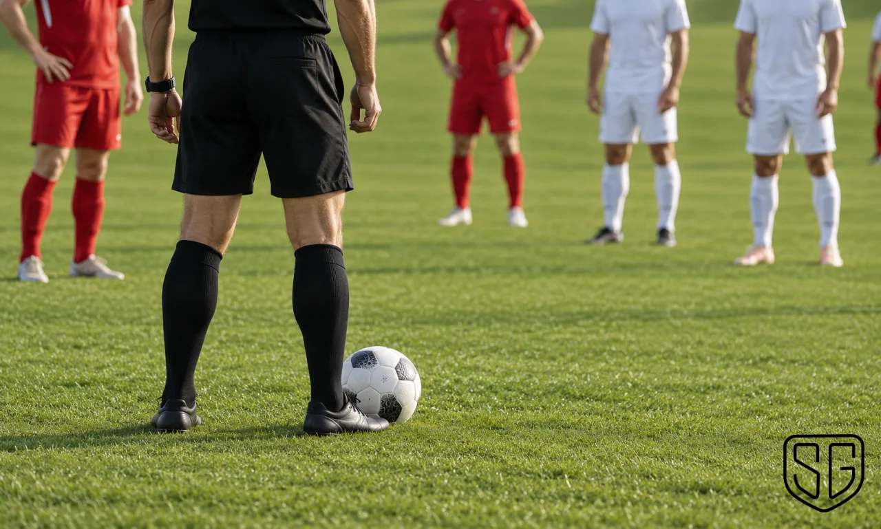 AI-generated conceptual image of an anonymous referee watching a football near their boot on grass; not a real match photograph