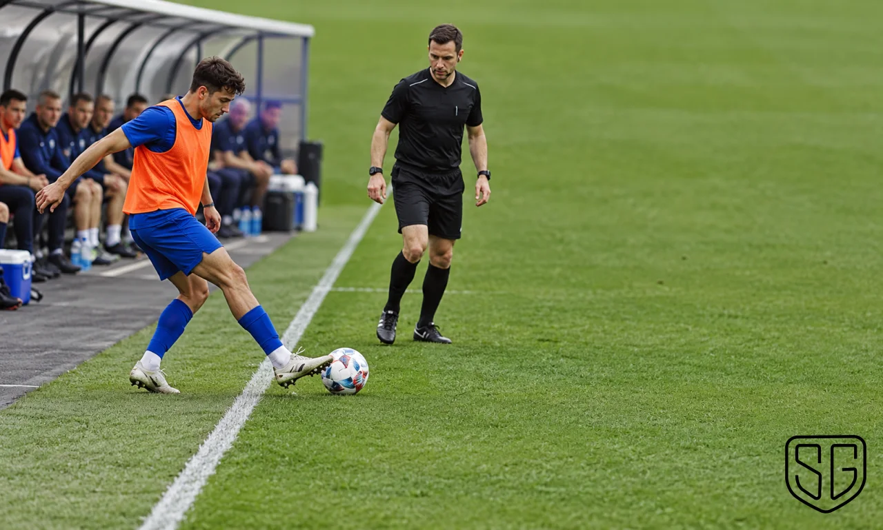 AI-generated conceptual scene of a substitute near the live ball at the touchline as a referee watches; not a real incident photograph
