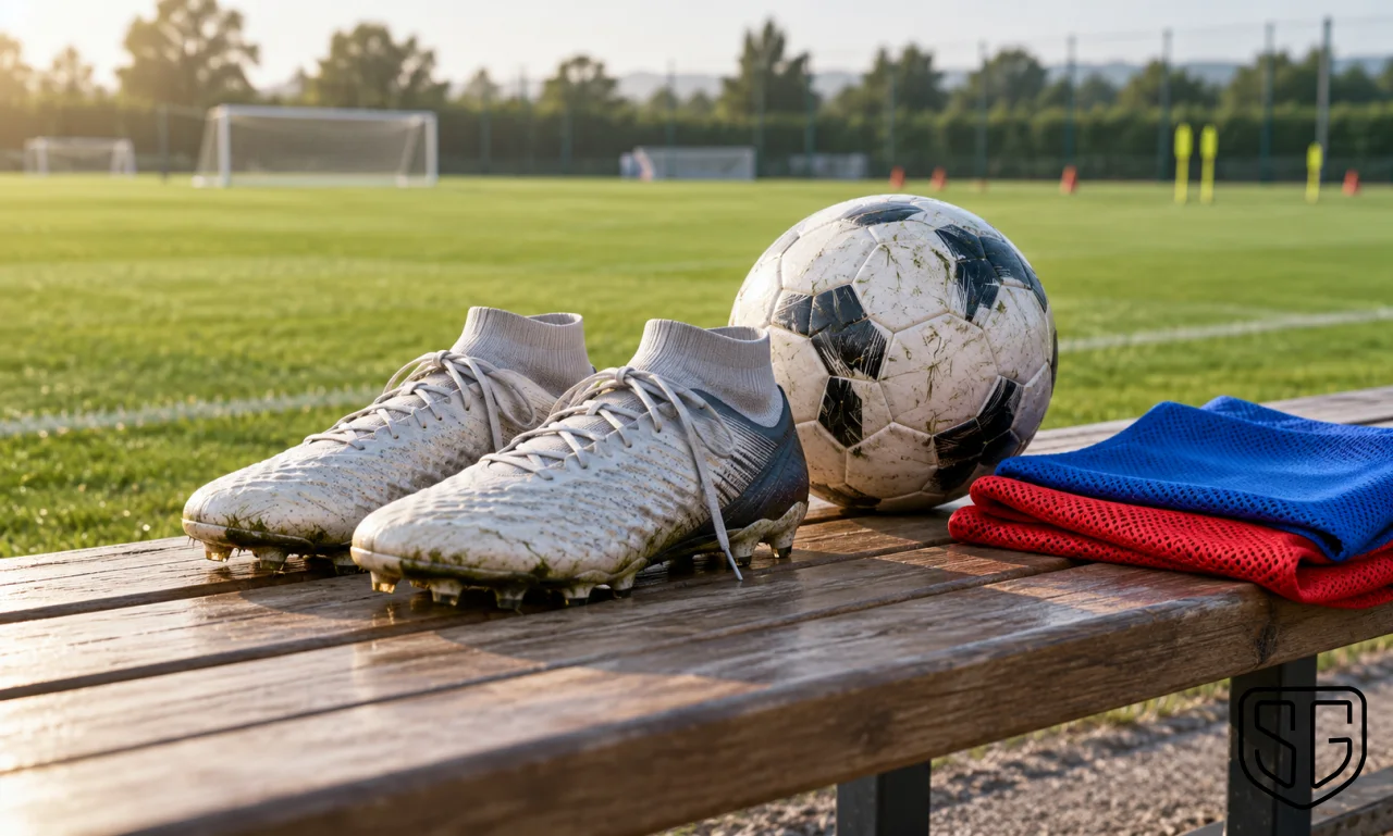 AI-generated conceptual image of football boots and a ball beside blue and red training bibs; not Espart or the actual injury scene
